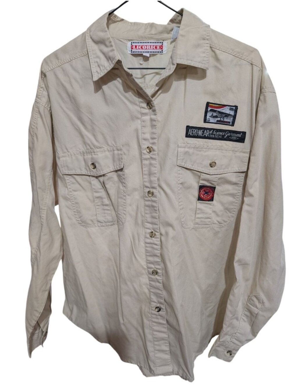 VTG Aerowear Button-Up Shirt Womens Size L w/aviation inspired patches.